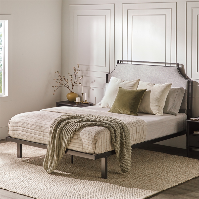 Pemberly Row Upholstered Transitional Metal Queen Size Bed in Gray