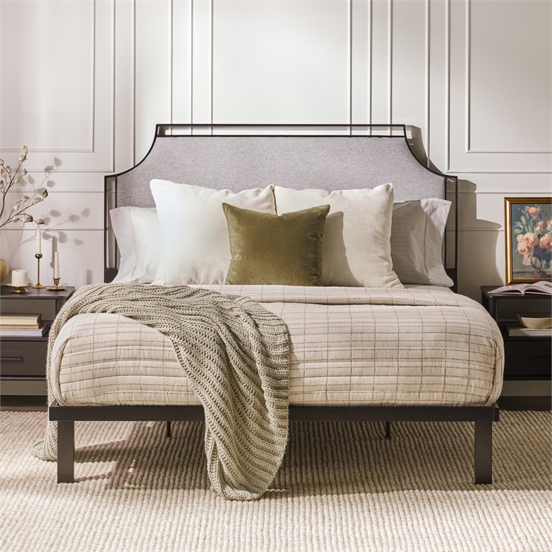 Pemberly Row Upholstered Transitional Metal Queen Size Bed in Gray