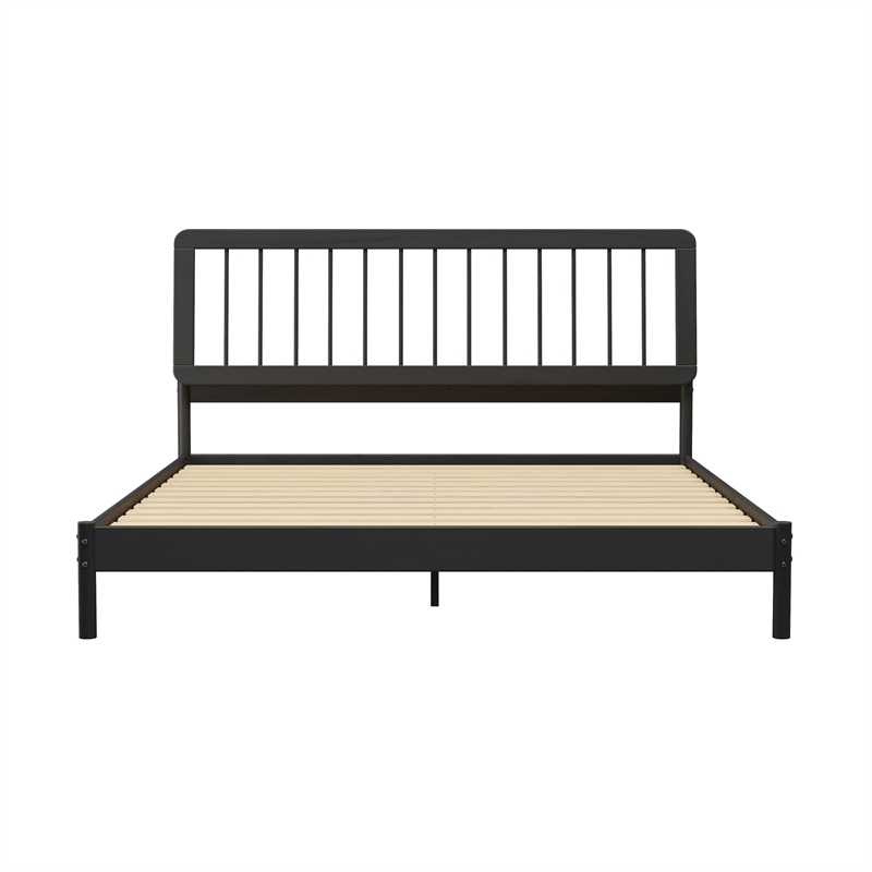 Pemberly Row Mid-Century Solid Wood King Size Bed with Slat-Back in Black
