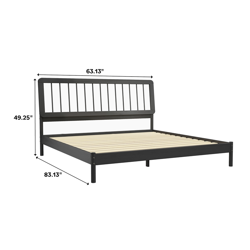 Pemberly Row Mid-Century Solid Wood King Size Bed with Slat-Back in Black