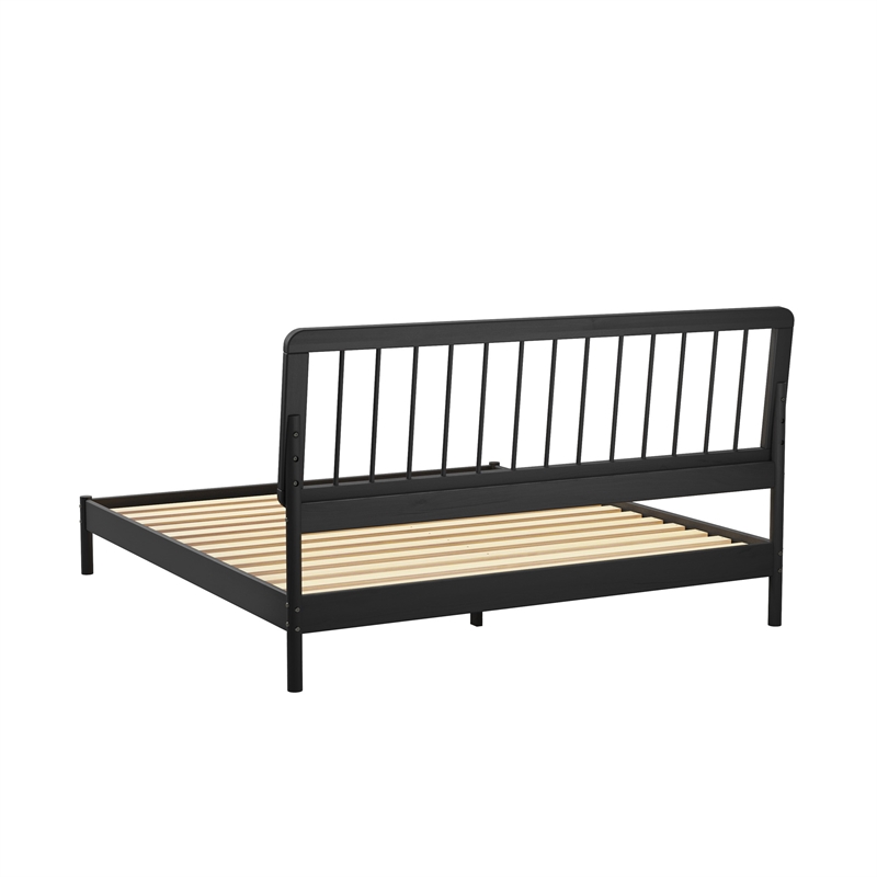 Pemberly Row Mid-Century Solid Wood King Size Bed with Slat-Back in Black