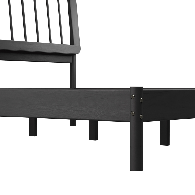 Pemberly Row Mid-Century Solid Wood King Size Bed with Slat-Back in Black