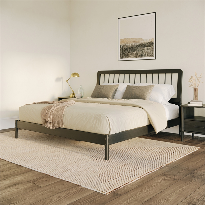 Pemberly Row Mid-Century Solid Wood King Size Bed with Slat-Back in Black