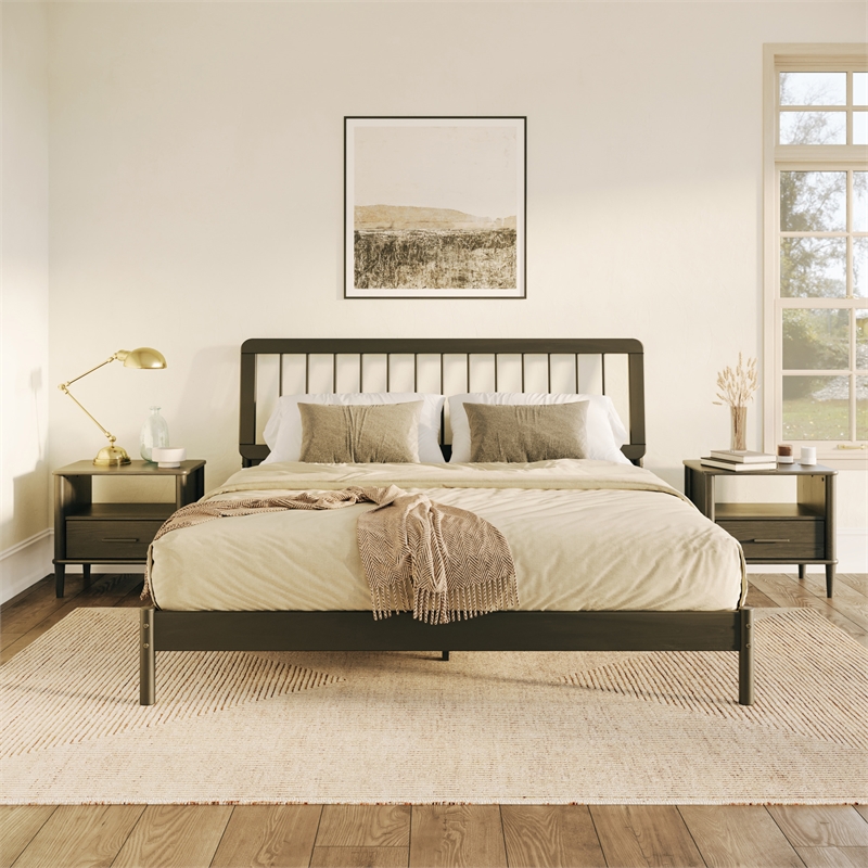 Pemberly Row Mid-Century Solid Wood King Size Bed with Slat-Back in Black