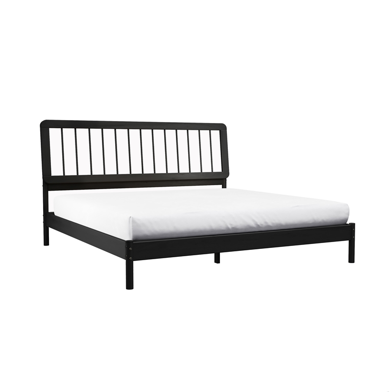 Pemberly Row Mid-Century Solid Wood King Size Bed with Slat-Back in Black
