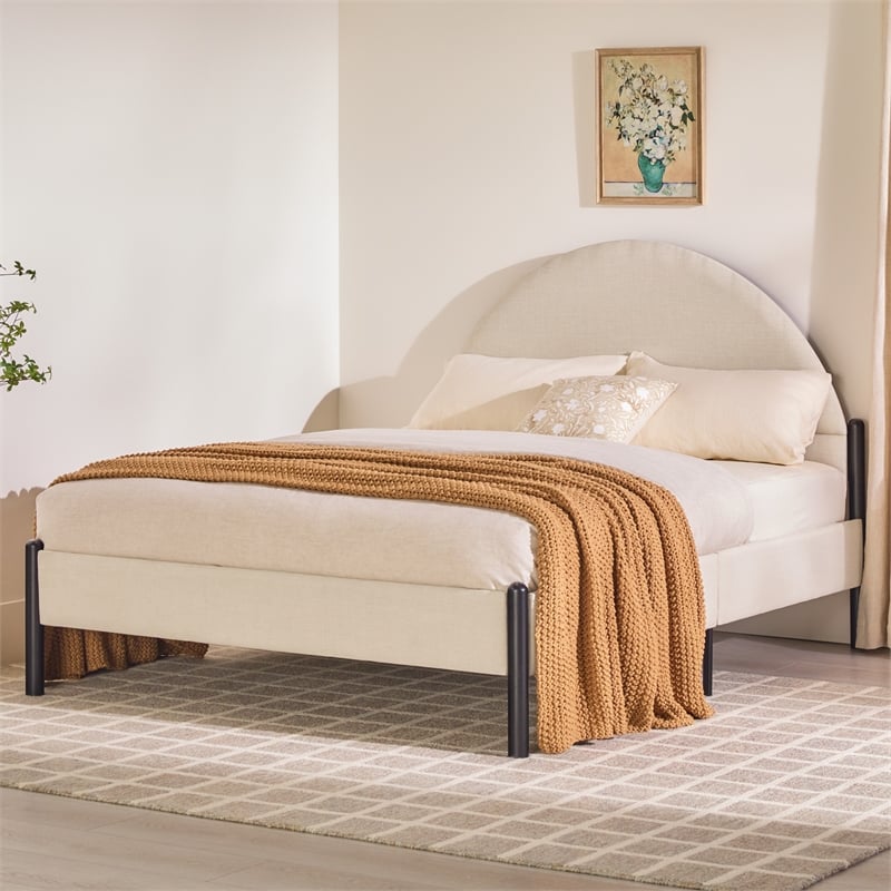 Pemberly Row Upholstered Metal Queen Bed with Arched Headboard in Oatmeal