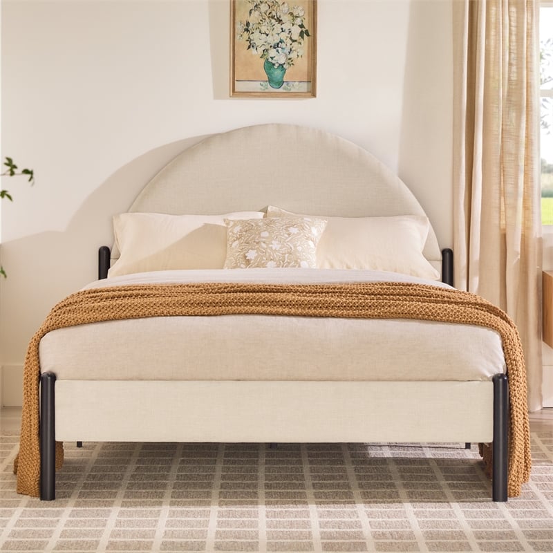 Pemberly Row Upholstered Metal Queen Bed with Arched Headboard in Oatmeal