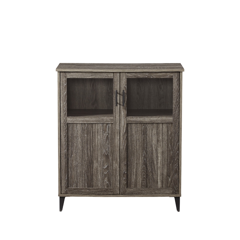 Pemberly Row Glass and Grooved Wood Door Transitional Accent Cabinet - Ash