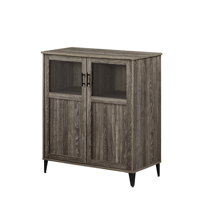Pemberly Row Glass and Grooved Wood Door Transitional Accent Cabinet - Ash