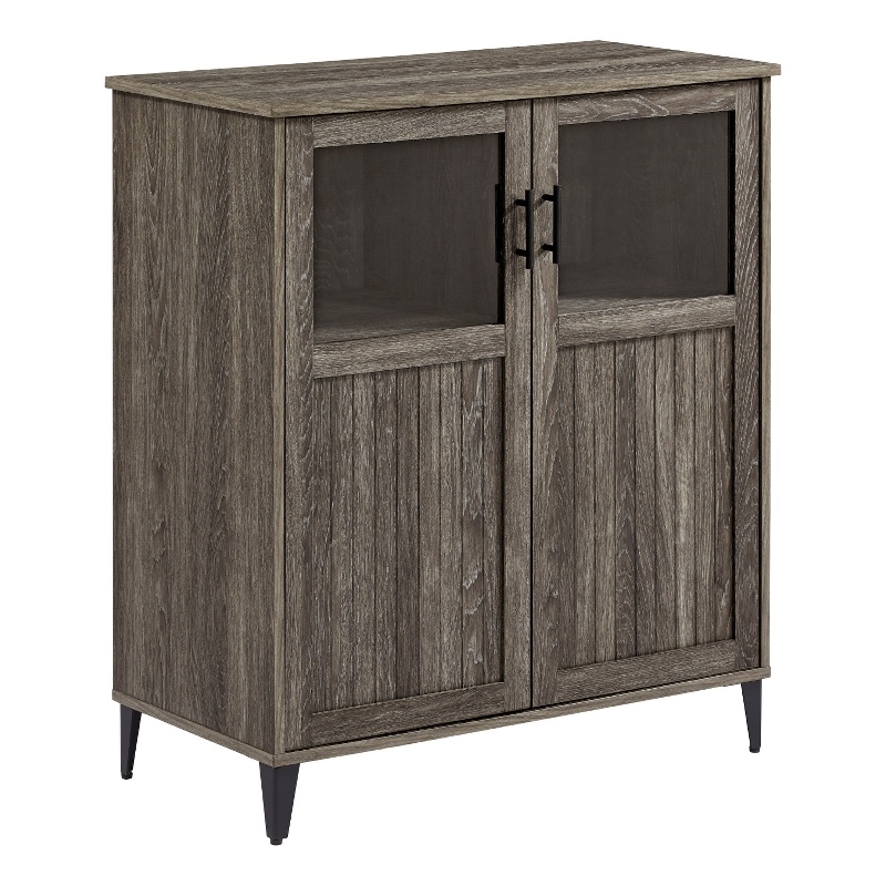 Pemberly Row Glass and Grooved Wood Door Transitional Accent Cabinet - Ash