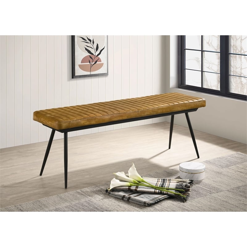 Pemberly Row Leather Upholstered Cushion Bench Camel and Black