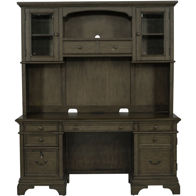 Pemberly Row Traditional Wood Credenza with Hutch Burnished Oak