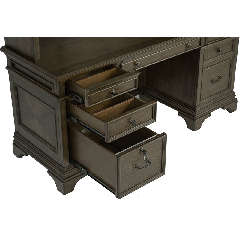 Pemberly Row Traditional Wood Credenza with Hutch Burnished Oak