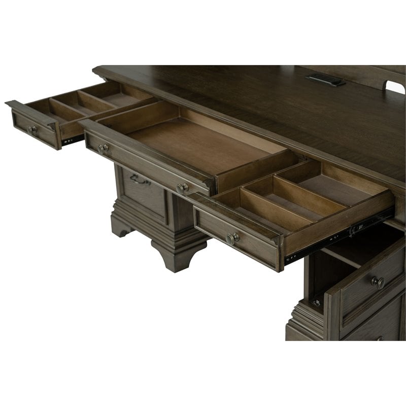 Pemberly Row Traditional Wood Credenza with Hutch Burnished Oak