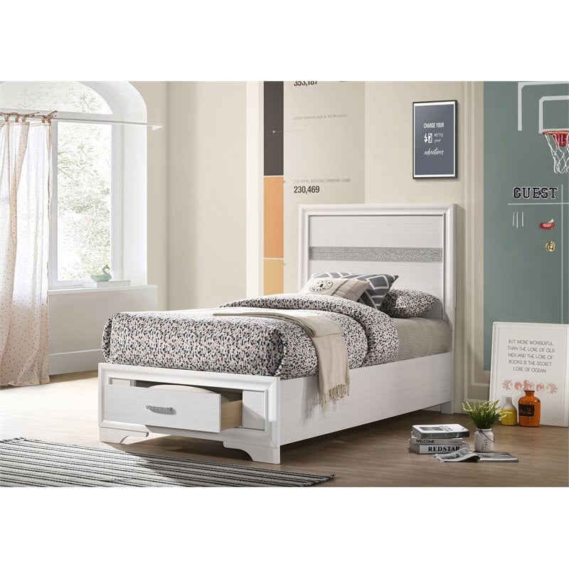 Pemberly Row 1-Drawer Storage Platform Wood Twin Bed in White