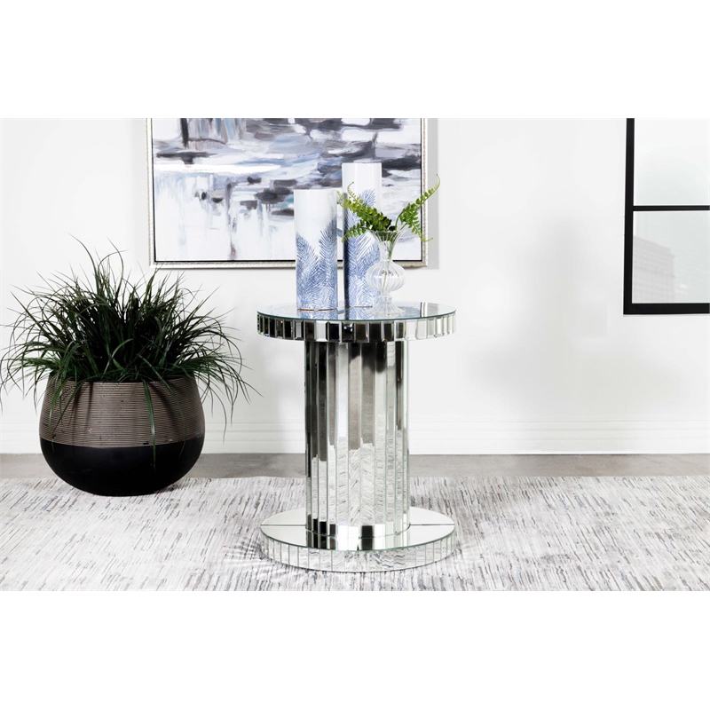 Pemberly Row Glass Crystal Inlay Round Top Accent Table in Mirror