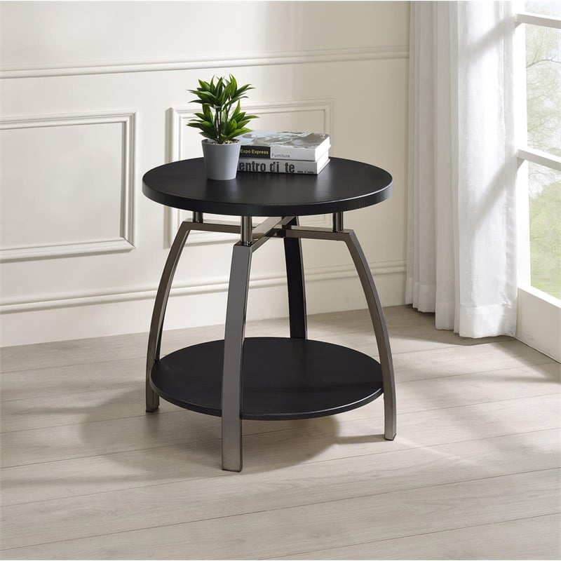 Pemberly Row Wood Round End Table in Dark Gray and Black Nickel