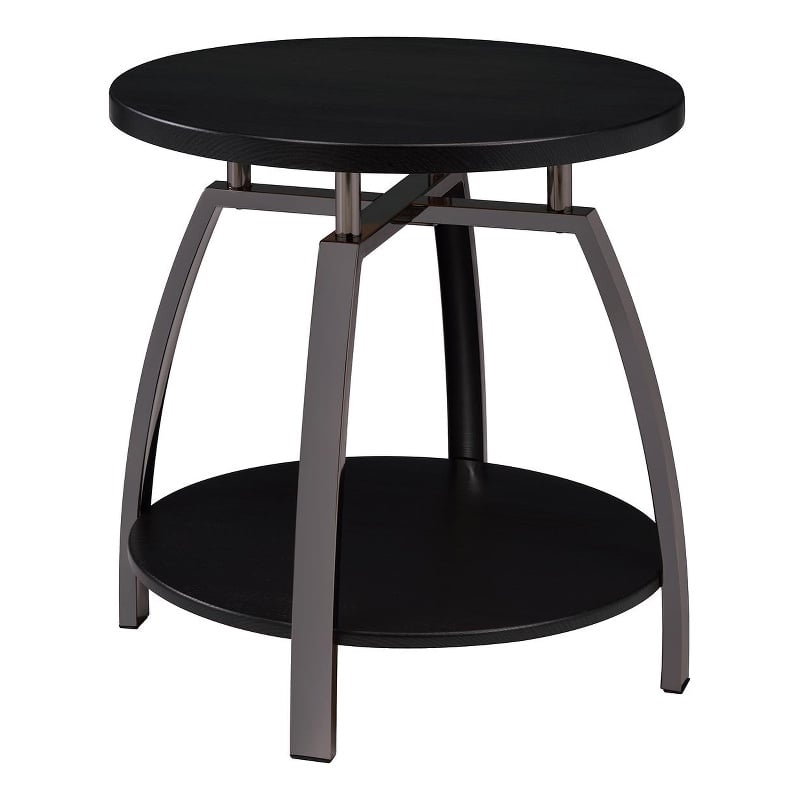 Pemberly Row Wood Round End Table in Dark Gray and Black Nickel