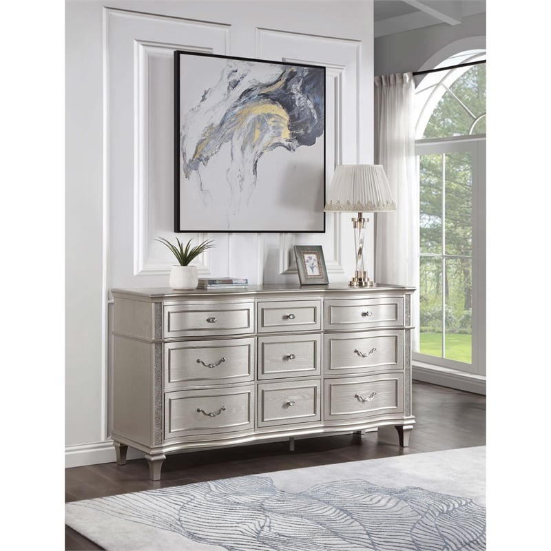 Pemberly Row Contemporary 9-Drawer Wood Dresser in Silver Oak