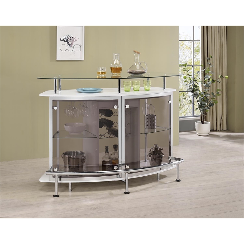 Pemberly Row Glass Top Wood Bar Unit White High Gloss and Chrome