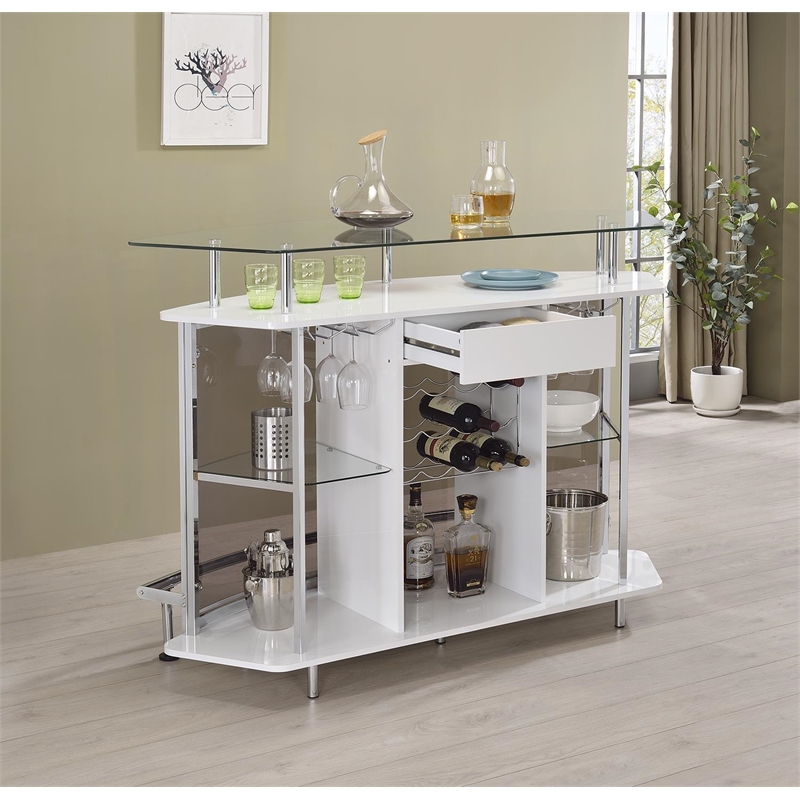 Pemberly Row Glass Top Wood Bar Unit White High Gloss and Chrome