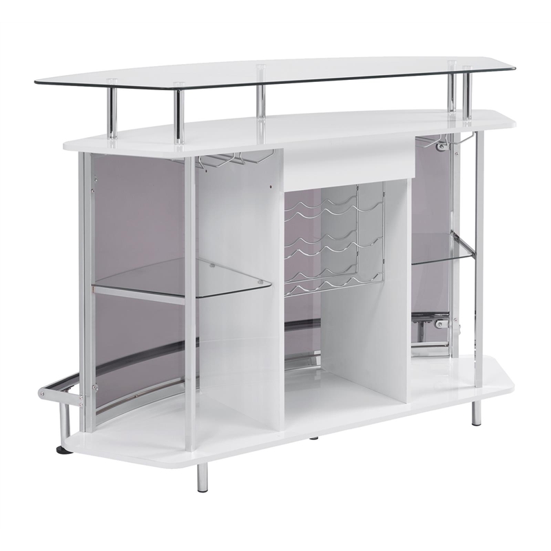 Pemberly Row Glass Top Wood Bar Unit White High Gloss and Chrome