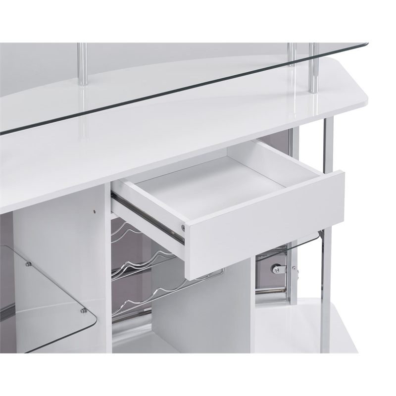 Pemberly Row Glass Top Wood Bar Unit White High Gloss and Chrome