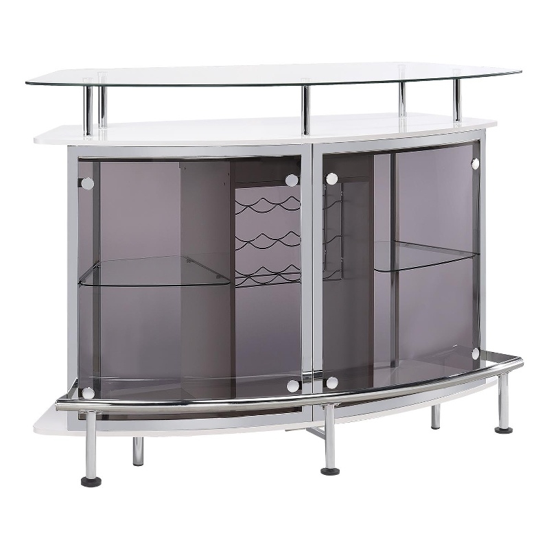 Pemberly Row Glass Top Wood Bar Unit White High Gloss and Chrome