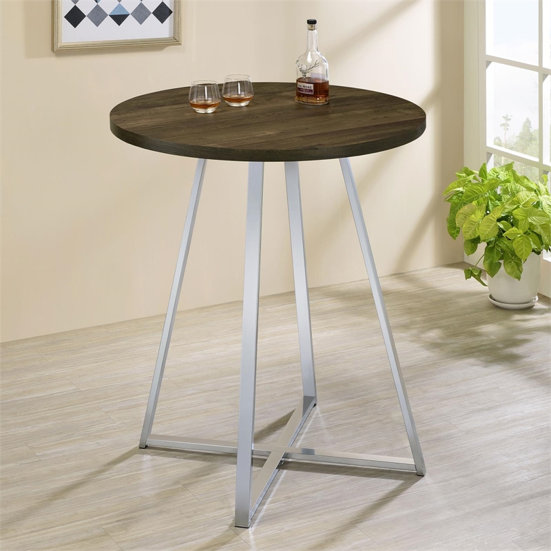 Pemberly Row Metal Sled Base Round Bar Table Brown Oak and Chrome
