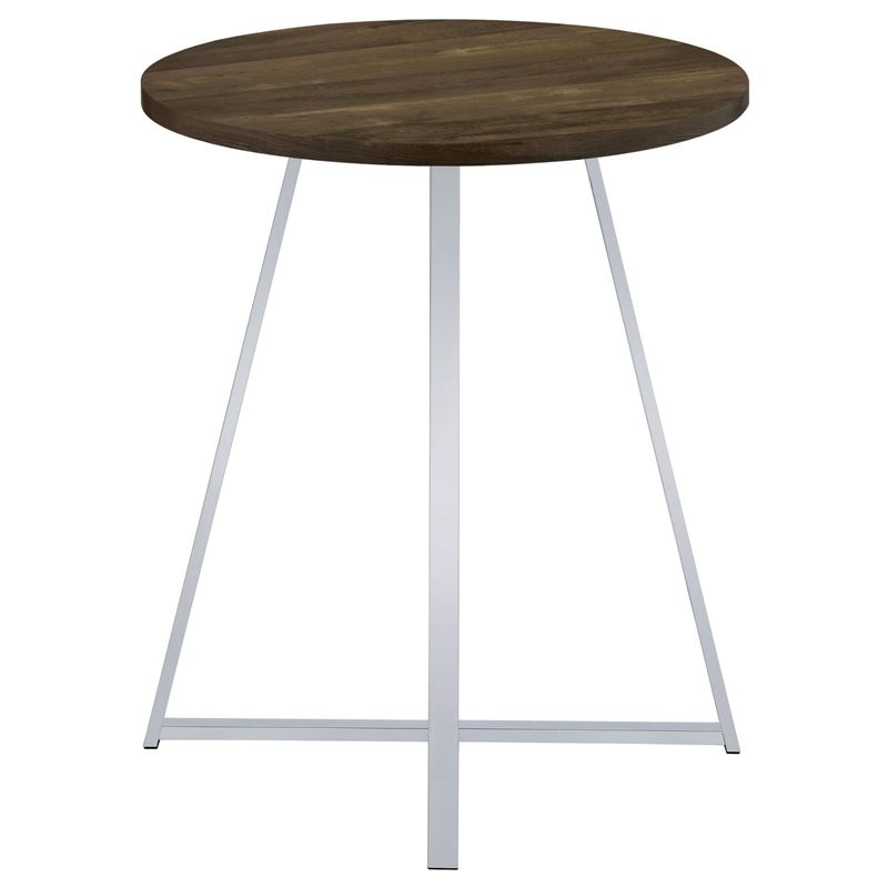 Pemberly Row Metal Sled Base Round Bar Table Brown Oak and Chrome