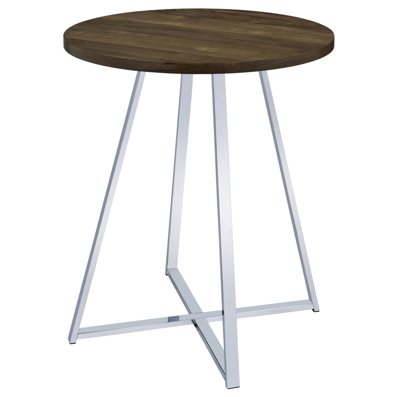 Pemberly Row Metal Sled Base Round Bar Table Brown Oak and Chrome