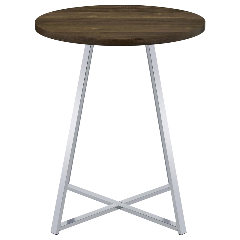 Pemberly Row Metal Sled Base Round Bar Table Brown Oak and Chrome
