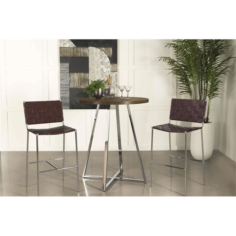 Pemberly Row Metal Sled Base Round Bar Table Brown Oak and Chrome