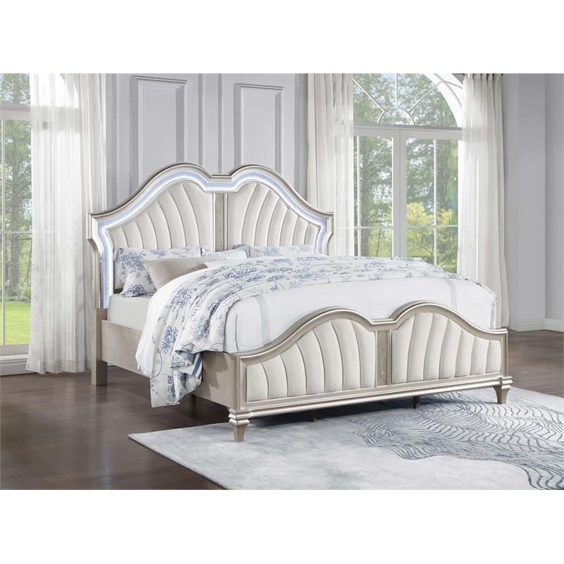 Pemberly Row Wood Tufted Platform Queen Bed Ivory and Silver Oak