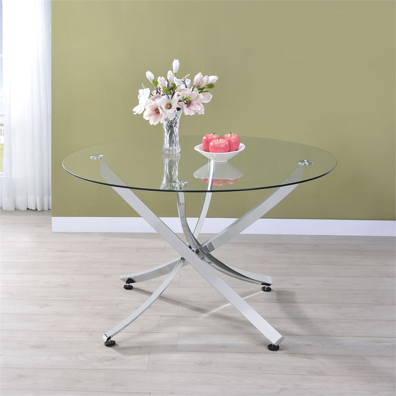 Pemberly Row Modern Metal Round Dining Table Chrome and Clear