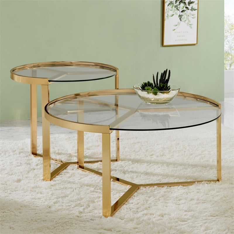 Pemberly Row 2-piece Metal Round Nesting Table Clear and Gold