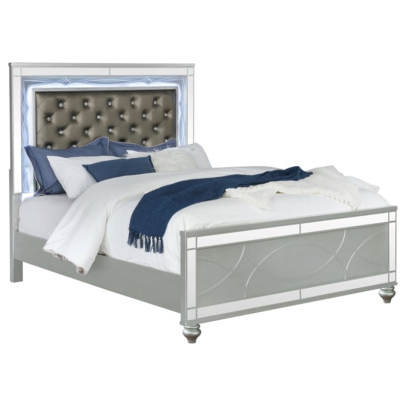 Pemberly Row Faux Leather Queen Panel Bed in Silver Metallic