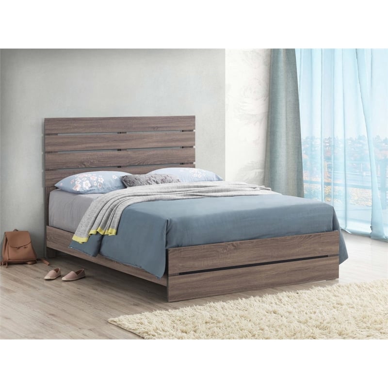 Pemberly Row Farmhouse Wood Queen Panel Bed in Barrel Oak Finish