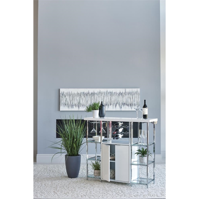 Pemberly Row 2-door Wood Bar Cabinet High Glossy White and Chrome