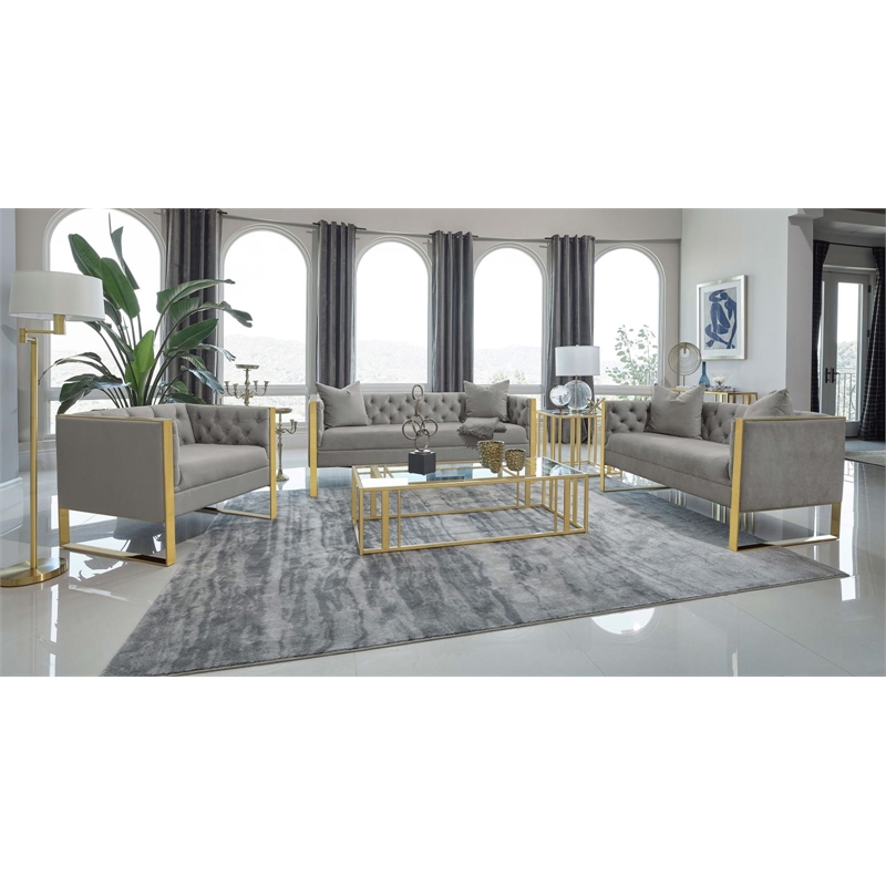 Pemberly Row Modern Velvet Upholstered Tufted Back Sofa Gray
