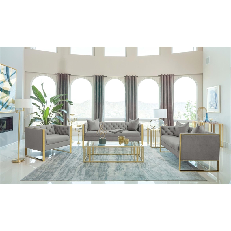 Pemberly Row Modern Velvet Upholstered Tufted Back Sofa Gray