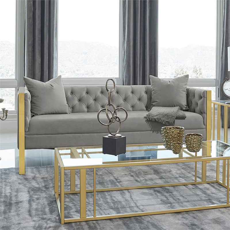 Pemberly Row Modern Velvet Upholstered Tufted Back Sofa Gray