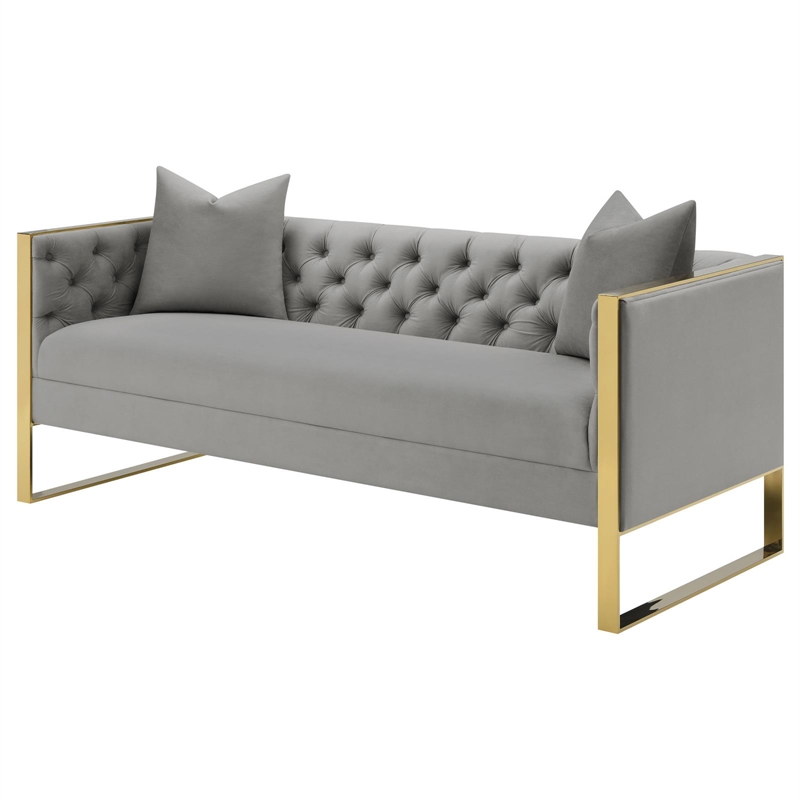 Pemberly Row Modern Velvet Upholstered Tufted Back Sofa Gray