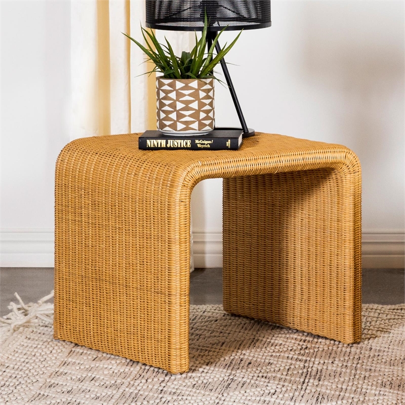 Pemberly Row Square Coastal Rattan End Table in Natural Finish