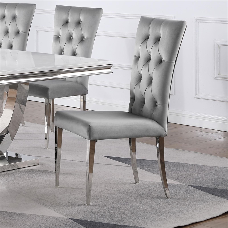 Pemberly Row Tufted Velvet Upholstered Side Chair Gray and Chrome