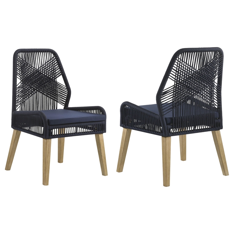 Pemberly Row Contemporary Woven Rope Wood Dining Chairs Dark Navy