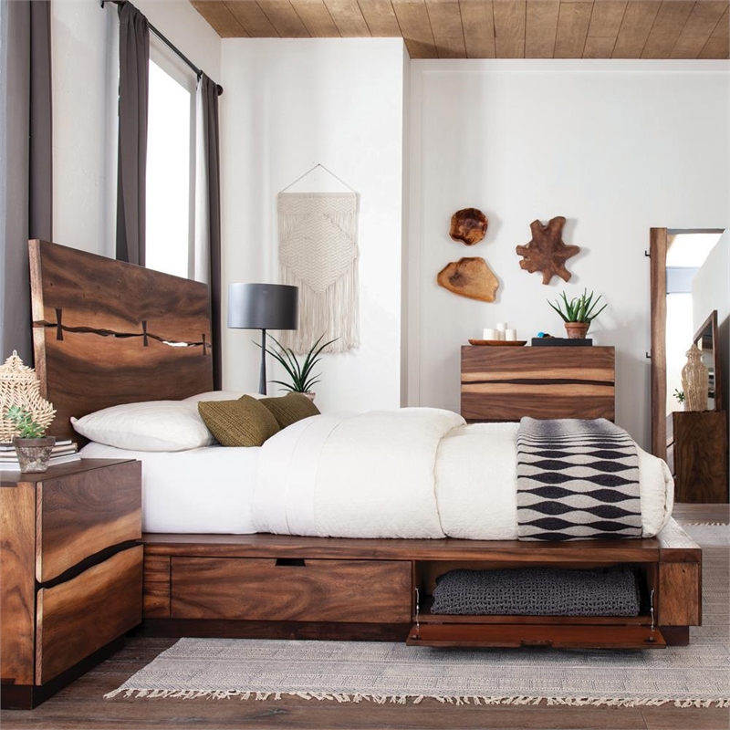 Pemberly Row Wood Storage Queen Bed in Smokey Walnut and Brown