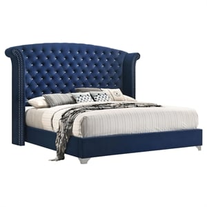 Pemberly Row Queen Wingback Velvet Upholstered Bed Pacific Blue