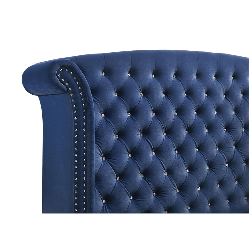 Pemberly Row Queen Wingback Velvet Upholstered Bed Pacific Blue