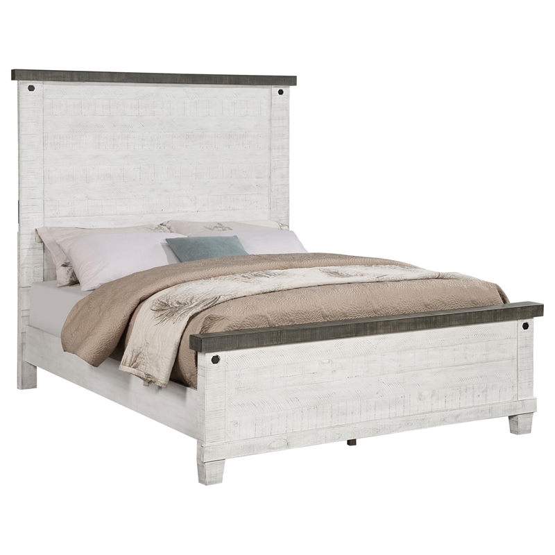 Pemberly Row Wood Queen Panel Bed in Distressed Gray and White